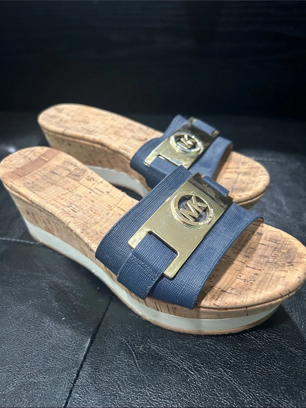 Michael Kors Navy Fabric & Cork Wedge Slides with Gold Hardware